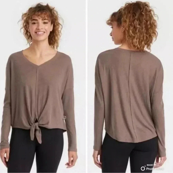 JoyLab Athletic Waffle Knit Tie Front Brown Long Sleeve Top Womens Size Medium - Picture 1 of 11